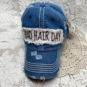 NWT Vintage Statement Ball Cap| Distressed Denim with Bad Hair Day words